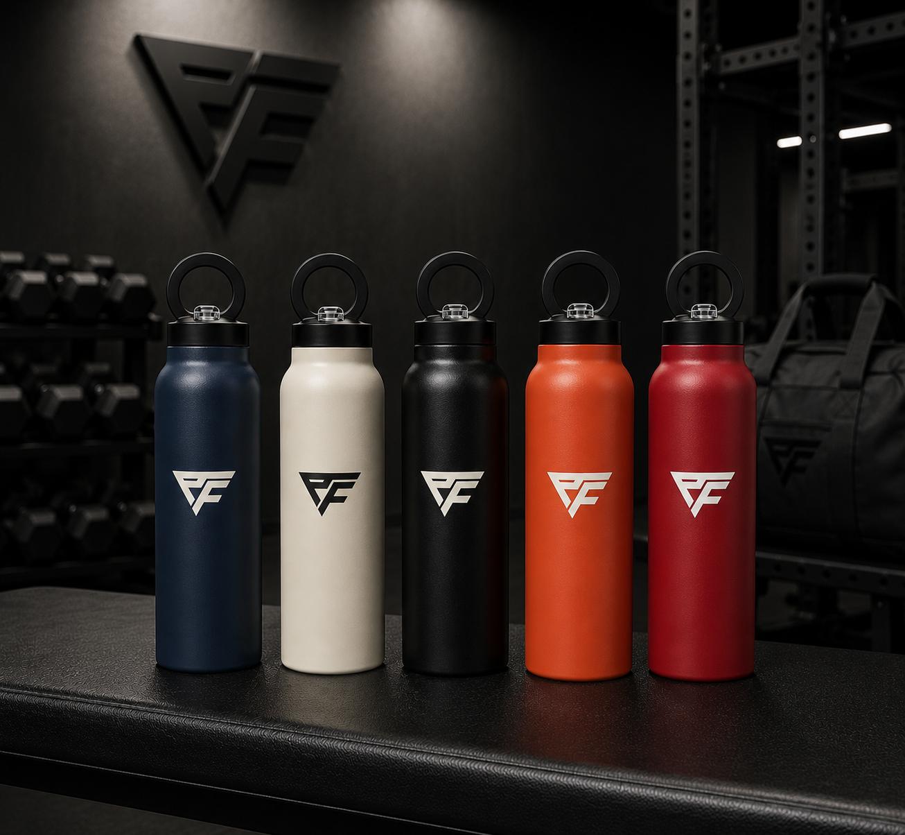 Piero Fitness PT branded insulated water bottles in five colours.